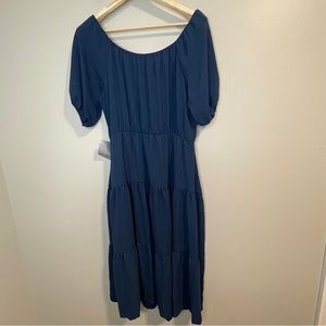 Ash+Sophie Smocked MIDI Dress Navy Blue L